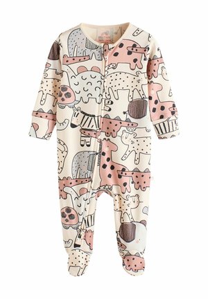 Langärmliger Baby-Strampler in Creme, mit tierischen Motiven in Rosa und Schwarz bedruckt. Besitzt einen Reißverschluss an der Front und eine Füßchen-Design.