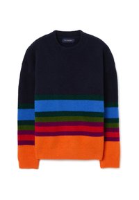 Navy sweater with round neck; features multicolored horizontal stripes in green, blue, red, purple, and orange at the hem and cuffs.