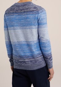 Pánský svetr s límcem z měkkého úpletu s modrými přechodovými pruhy, s kulatým výstřihem a žebrovanými manžetami a lemem.