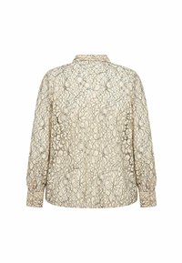 Krajková blůza v krémové barvě s černým květinovým vzorem, dlouhé rukávy a límec. Obsahuje knoflíkové uzávěry na manžetách a detaily na zadním švu.