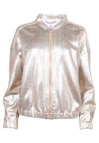 Metallic bomberjacka i glänsande guld med ribbade muddar och nederkant. Har dragkedja framtill och en strukturerad krage, textur med ett subtilt mönster.