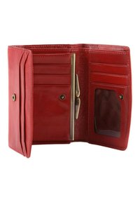 Red leather wallet with multiple card slots, a transparent ID pocket, and a metallic pen holder; smooth texture and polished finish.