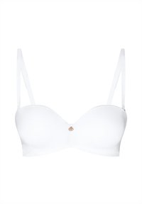 White, molded bra with adjustable, thin straps. Features a smooth, soft texture and a small gold emblem at the center front.