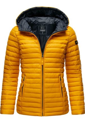 Yellow padded jacket with a black inner lining, featuring a zip closure and two side pockets. The design includes horizontal quilted texture and a hood.