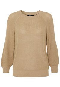 Beżowy sweter dzianinowy o luźnym kroju, z raglanowymi rękawami i prążkowanym dołem. Teksturowana tkanina o miękkim wykończeniu oraz subtelnych odcieniach kolorystycznych.