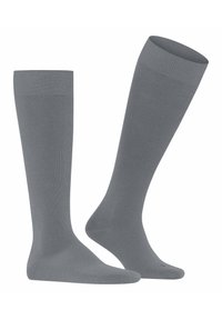 GRAUE KNIEHOCHKNOSEN SOCKEN AUS EINEM GLATTEN, DEHNBAREN MATERIAL, MIT EINEM RIPPENMUSTER AM OBEN UND EINEM NAHTLOSEN FUSS.