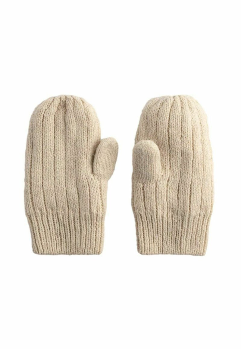 Moufles beiges en tricot avec une texture côtelée, présentant une forme traditionnelle et un compartiment pour le pouce, conçues pour la chaleur et le confort.