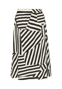 Jupe à motifs noir et blanc avec des formes géométriques abstraites, dotée d'une taille élastique et de largeurs et directions de rayures variées.