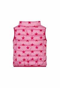 Puffi vaaleanpunainen liivi, jossa on kirkkaat vaaleanpunaiset tähtikuvioinnit, korkea kaulus ja kontrastiväriset reunat. Materiaali näyttää sileältä ja kevyeltä.