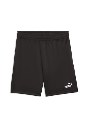 Czarne sportowe szorty z elastycznym pasem, na dolnej prawej nogawce biały logo Puma, ułożone płasko na białym tle.