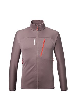 Mauve full-zip jacket with high collar, red zipper accents, chest pocket, side pockets, and "MILLET" logo on front.
