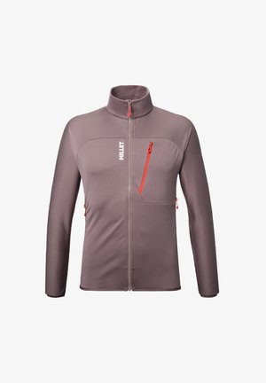 Mauve full-zip jacket with high collar, red zipper accents, chest pocket, side pockets, and "MILLET" logo on front.
