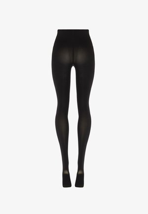 Leggings neri opachi con vita alta, texture liscia e silhouette aderente, che si estendono fino alle caviglie. Senza motivi o accenti visibili.