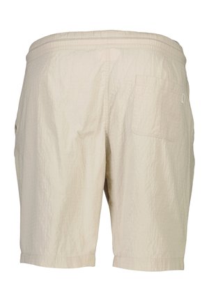 Beige shortsit, joissa on joustava vyötärö, teksturoitu kangas, yksi takatasku ja rento istuvuus, loppuen juuri polven ylle.