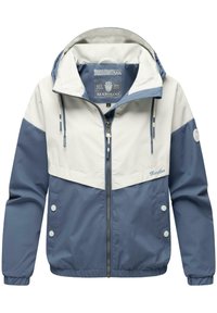Veste coupe-vent avec un design en blocs de couleur bleu et beige. Comprend une fermeture éclair intégrale, une capuche réglable et des poches latérales à boutons.