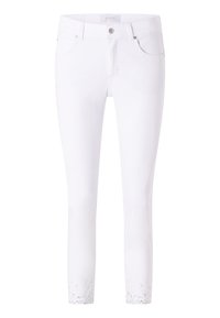 Bílé džínové kalhoty s slim fit střihem. Mají klasický pětikyckový design a třpytivý akcent na dolním lemu. Standardní zapínání na knoflík a zip.