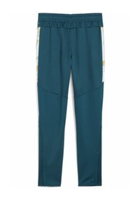 Pantalones deportivos en color azul verdoso con una cinturilla elástica, fabricados en tejido texturizado, con paneles laterales que presentan un estampado geométrico colorido y bajos con cierre.