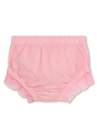 Copridivano in cotone rosa chiaro con rouches, dotato di un elastico in vita e texture morbida; tessuto liscio e traspirante con aperture per le gambe arricciate.