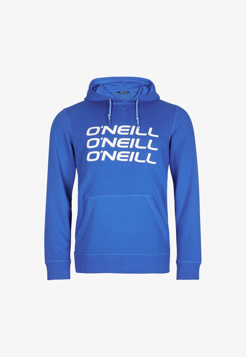 Sweat à capuche bleu avec poche avant et cordons, portant le mot "O'NEILL" répété trois fois en texte blanc sur la poitrine.