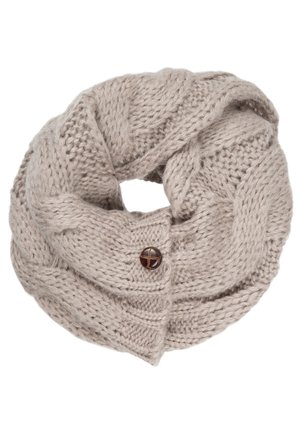 Écharpe tubulaire beige tricotée avec un motif torsadé et un détail unique de bouton marron foncé.