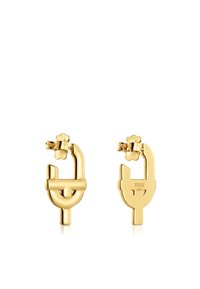 Pendientes de metal dorado con un diseño moderno que presenta formas abstractas, textura suave y un mecanismo de cierre seguro. Marcados con "TOUS" y "S925."
