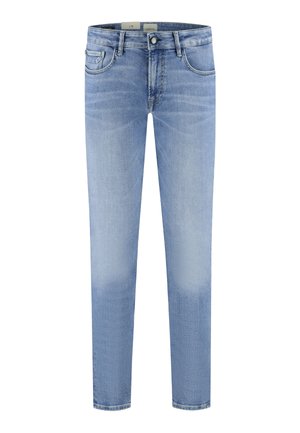 Jean en denim bleu clair coupe slim avec bouton et fermeture éclair à l'avant, style cinq poches, et légère décoloration sur les cuisses et les genoux.