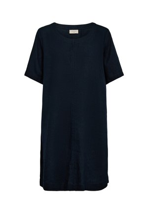 Black knee-length dress with short sleeves, round neckline, and side slits, displayed on a white background.