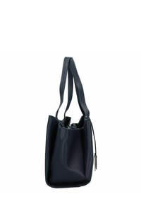 Borsa tote in pelle blu navy con due manici lunghi, superficie texture e apertura con zip. Presenta un sottile dettaglio con frangia appesa.