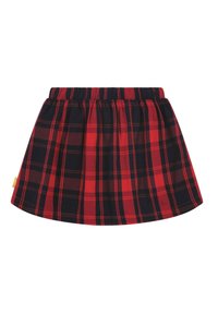 Gonna a quadri rossi e neri con una vita elastica, caratterizzata da una forma svasata e una texture di tessuto morbido. Notevole per il suo classico motivo tartan.