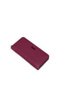 Burgundy leather wallet with a textured surface, zip closure, and a black logo accent. Slim rectangular design for easy carrying.
