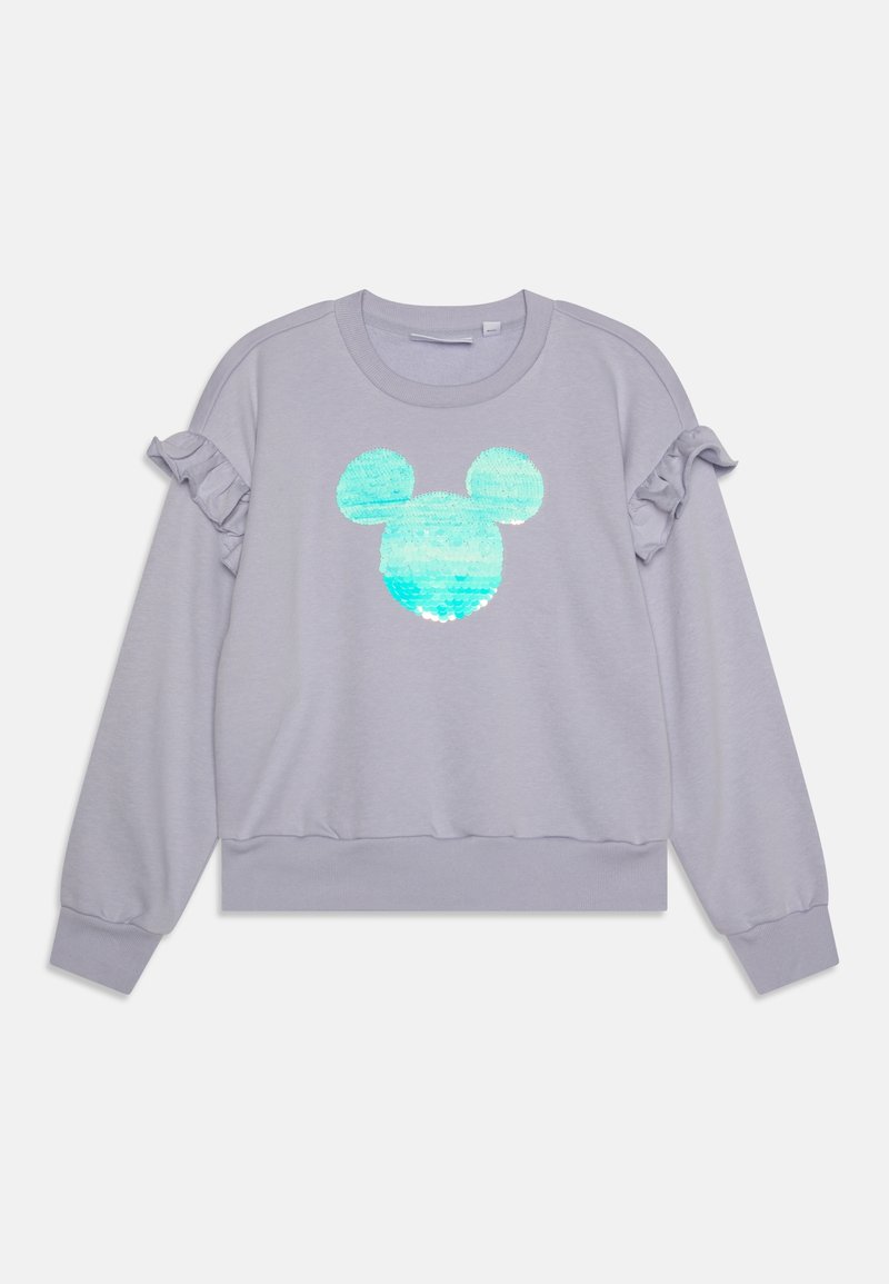 Sweat-shirt mauve clair à manches longues avec des détails à volants aux épaules et un motif tête de souris en sequins turquoise brillant sur le devant.