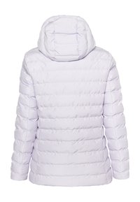 Ljuslila puffjacka med huva, med en quiltad design, vertikala ränder och elastiska ärmslut. Slät, glänsande yta.