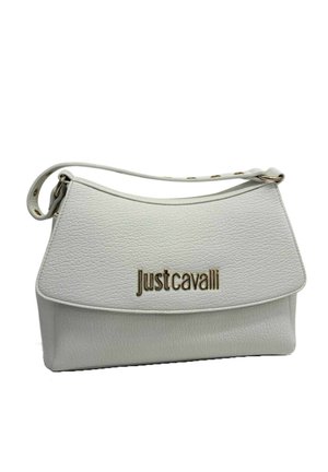 Weiße Leder-Schultertasche mit einem einzelnen Riemen und goldenem "Just Cavalli" Logo auf der Vorderklappe.