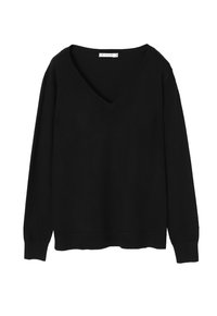 Schwarzer Pullover mit V-Ausschnitt, langen Ärmeln, gerippten Bündchen und Saum, aus einem weichen, strukturierten Stoff gefertigt. Keine sichtbaren Muster oder Verzierungen.