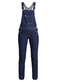 Salopette en denim bleu foncé avec bretelles réglables, poche poitrine avant, boutons latéraux et coupe droite des jambes.
