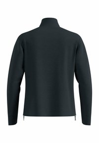 Schwarzer Pullover mit langen Ärmeln und hohem Kragen, strukturiertem Stoff und seitlichen Reißverschlüssen. Hat ein klares, minimalistisches Design ohne Muster.