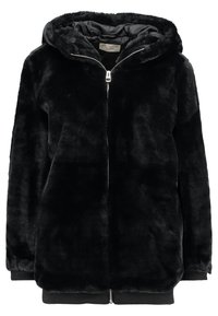 Sort faux fur zip-hoodie med hætte, ribbede manchetter og talje, der har en blød tekstur og en skinnende lynlås.