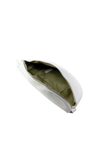 White textured leather pouch with a zip closure, featuring an olive green interior lining and a small inner pocket.
