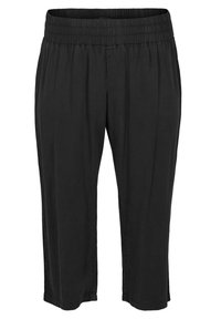 Svarta korta byxor i lätt tyg. Har midja med elastik och plisserad design. Inga synliga fickor eller detaljer.