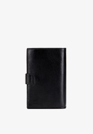 Schwarzes Lederportemonnaie mit Druckverschluss, geschlossen vor weißem Hintergrund dargestellt.