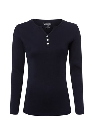 Navy blue long-sleeve Henley shirt with three white buttons and regular fit, made of premium cotton.