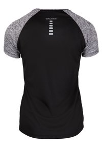 Zwart sportshirt met grijs gemêleerde raglanmouwen. Heeft een ronde halslijn en het "GORILLA WEAR" logo op de bovenrug.