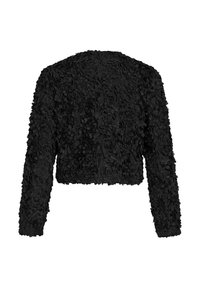 Veste courte noire à manches longues avec des applications florales texturées couvrant toute la surface, vue de dos sur fond blanc.