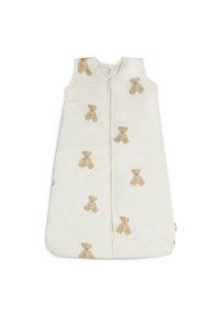 Sleeping bag in cream fabric with teddy bear prints. Features a full-length zipper and sleeveless design for ease of use.
