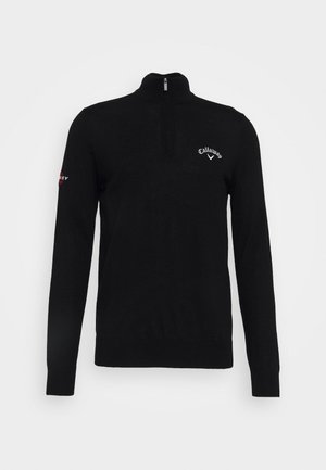 Schwarzer Pullover mit langen Ärmeln und einem Viertelreißverschluss-Kragen. Mit "Callaway"-Logo in Weiß und roten Akzenten am linken Ärmel. Weiche Textur.