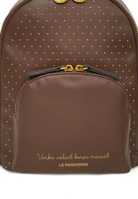 Zaino in pelle marrone con motivo a puntini dorati, presenta una tasca frontale con cerniera, ferramenta dorata e testo "Verba volant borsa manent" in caratteri dorati.