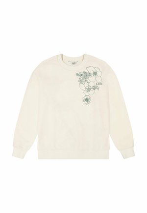 Sudadera off-white de cuello redondo con mangas largas y arte lineal floral verde con el texto "LEE" en el pecho superior izquierdo.