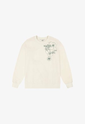 Sudadera off-white de cuello redondo con mangas largas y arte lineal floral verde con el texto "LEE" en el pecho superior izquierdo.