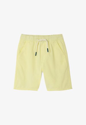 Light yellow knee-length shorts with elastic waistband and white drawstring with dark blue tips, featuring side pockets.