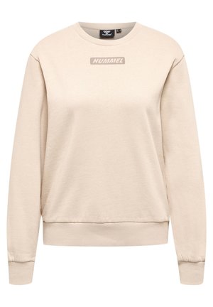 Beige sweatshirt gemaakt van zachte stof, met een ronde halslijn, ribgebreide manchetten en een logo in een iets donkere tint op de borst.